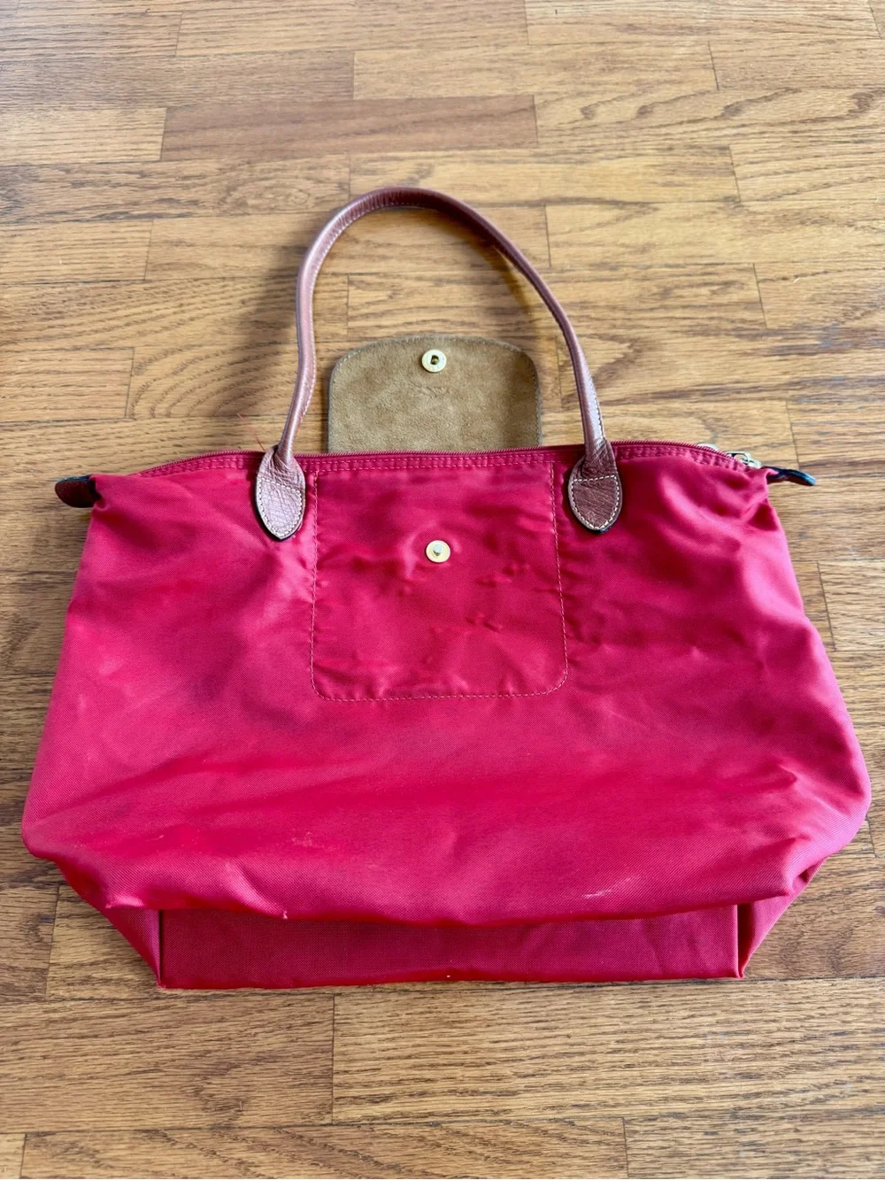 Longchamp Red Le Pliage Tote with Brown Leather Trim